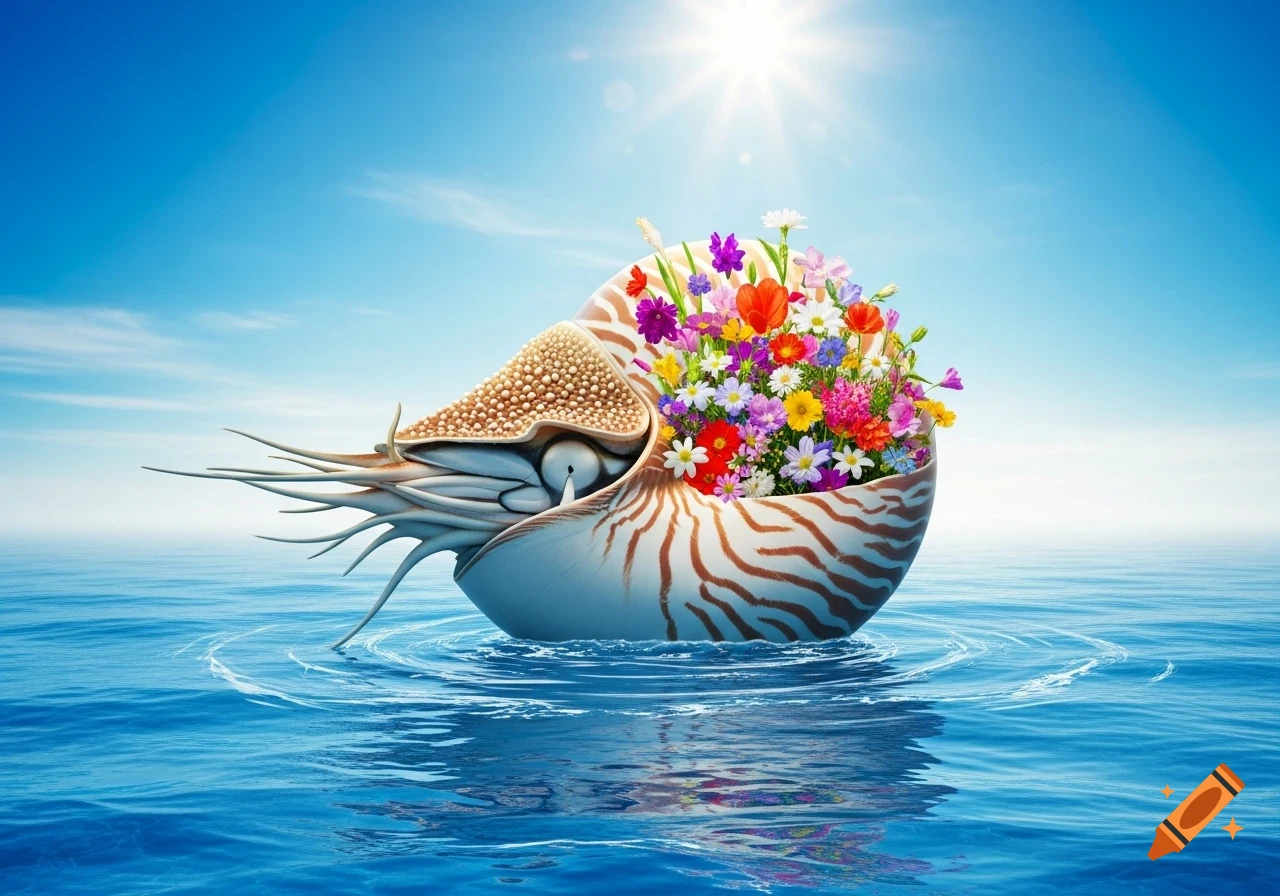 A nautilus shell overflowing with colorful flowers floats on blue ocean waves under a bright, sunny sky.