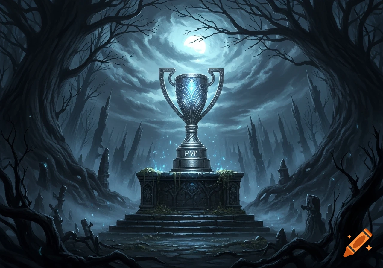 A glowing silver MVP trophy on a stone pedestal in a dark, misty, gnarled fantasy forest under a bright moon.