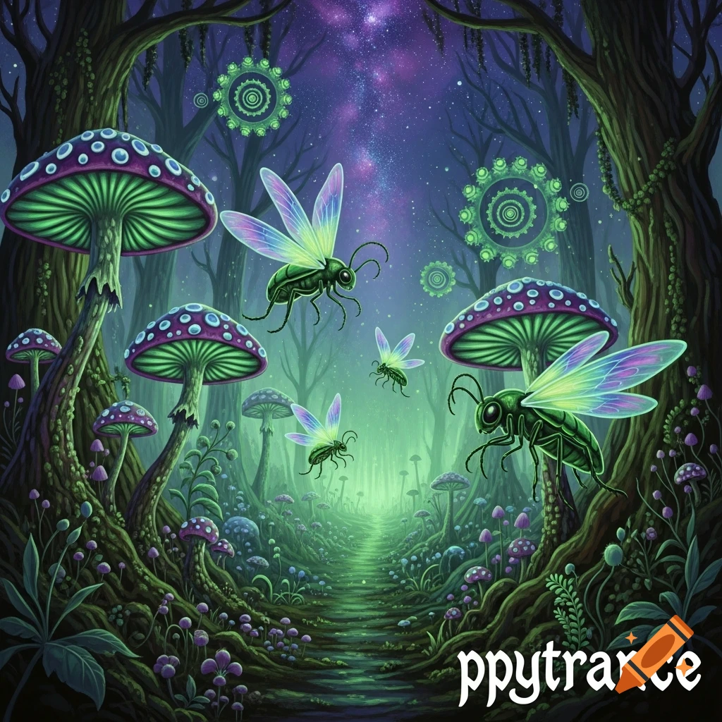 Vibrant, illustrative fantasy art of a glowing forest path, large psychedelic mushrooms, and translucent-winged insects under a starry sky, with the word "ppytrance" in the corner.