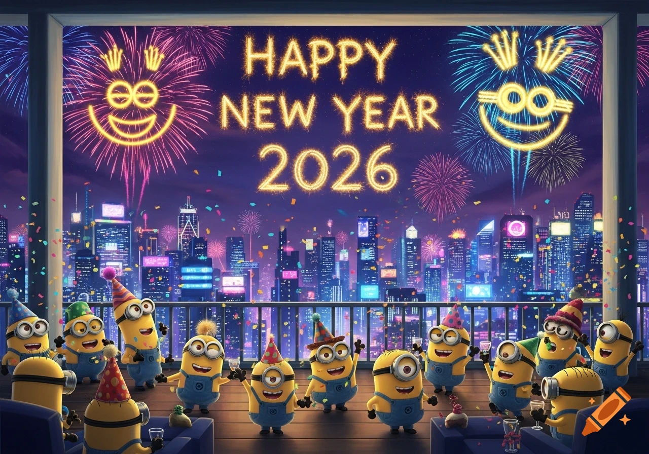 Minions celebrate New Year on a balcony overlooking a neon city, with 'Happy New Year 2026' spelled in fireworks and confetti.
