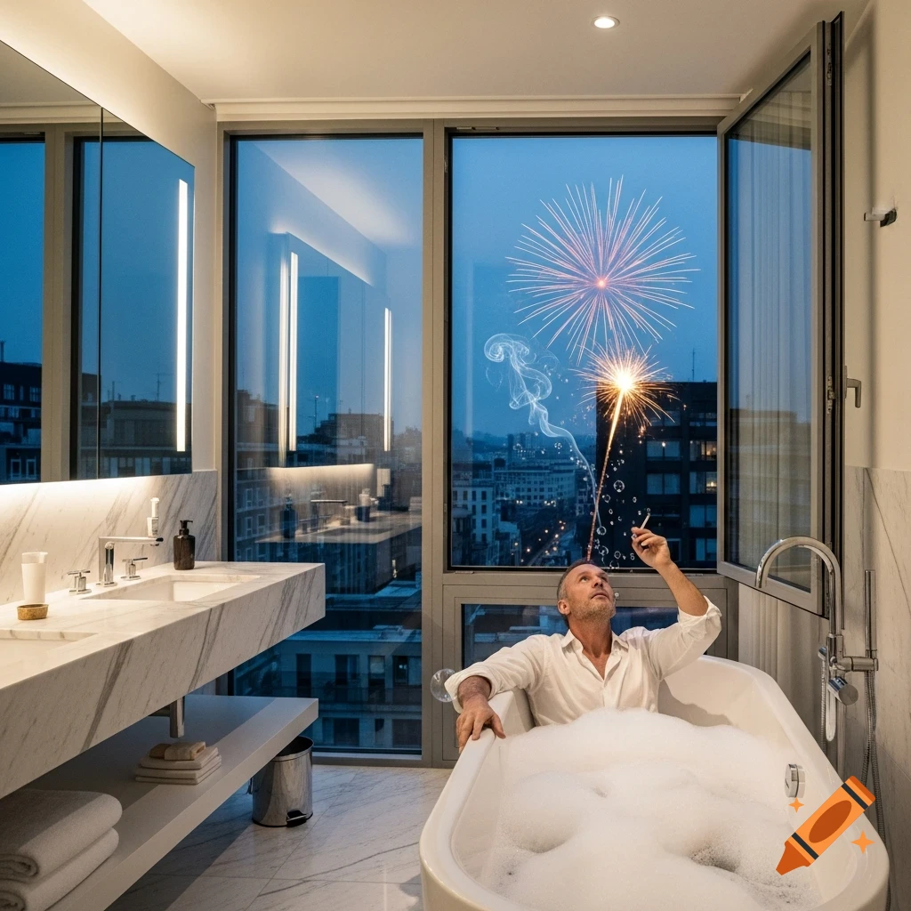 A man in a modern bubble bath holds a sparkler and cigarette, gazing at fireworks over a city at dusk.