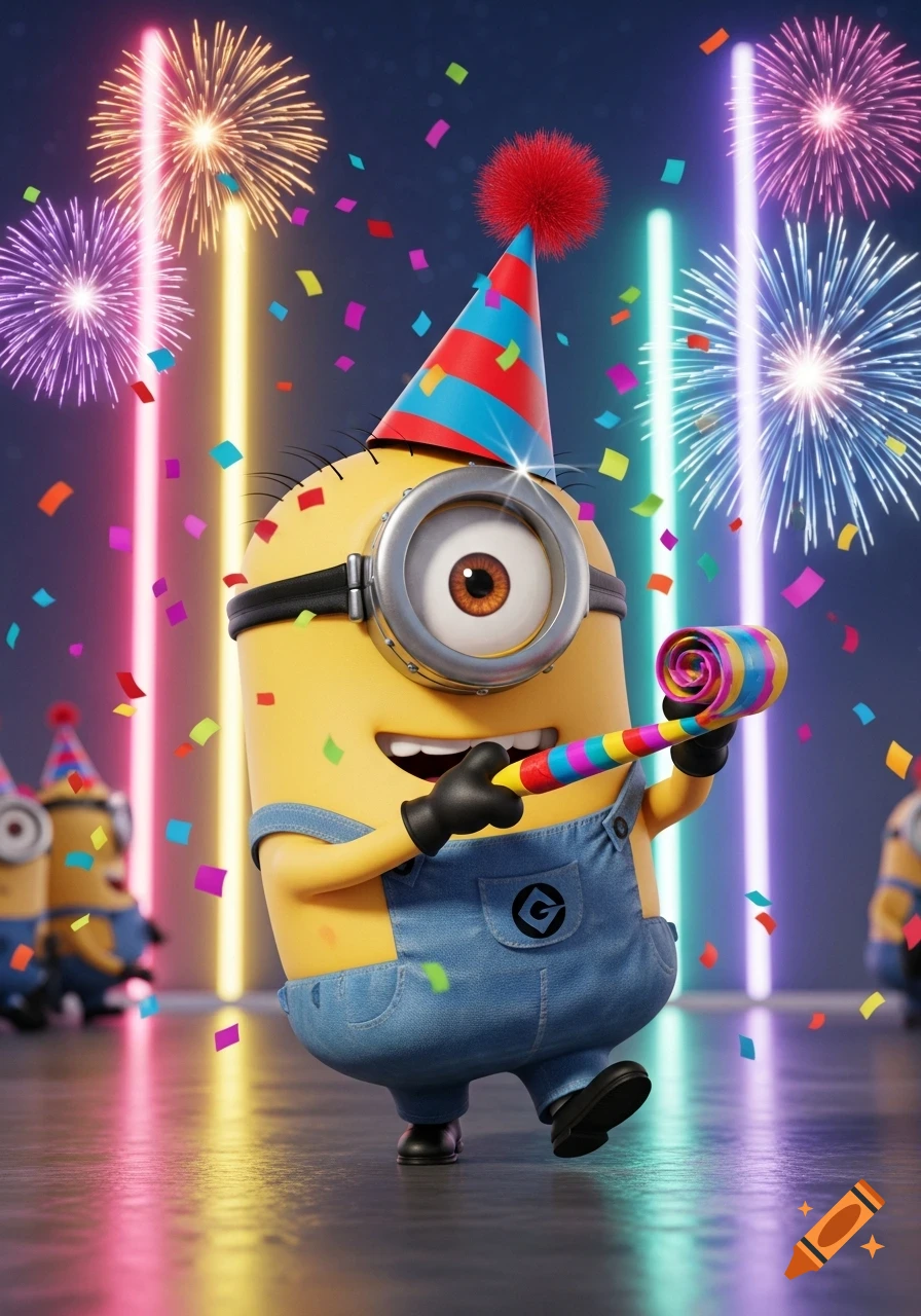 A Minion in a party hat holds a noisemaker amidst colorful confetti, neon lights, and fireworks, celebrating New Year.