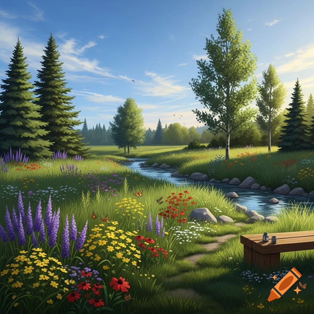 Vibrant, sunlit meadow with a winding stream, colorful wildflowers, lush green trees, and a wooden bench under a blue sky.