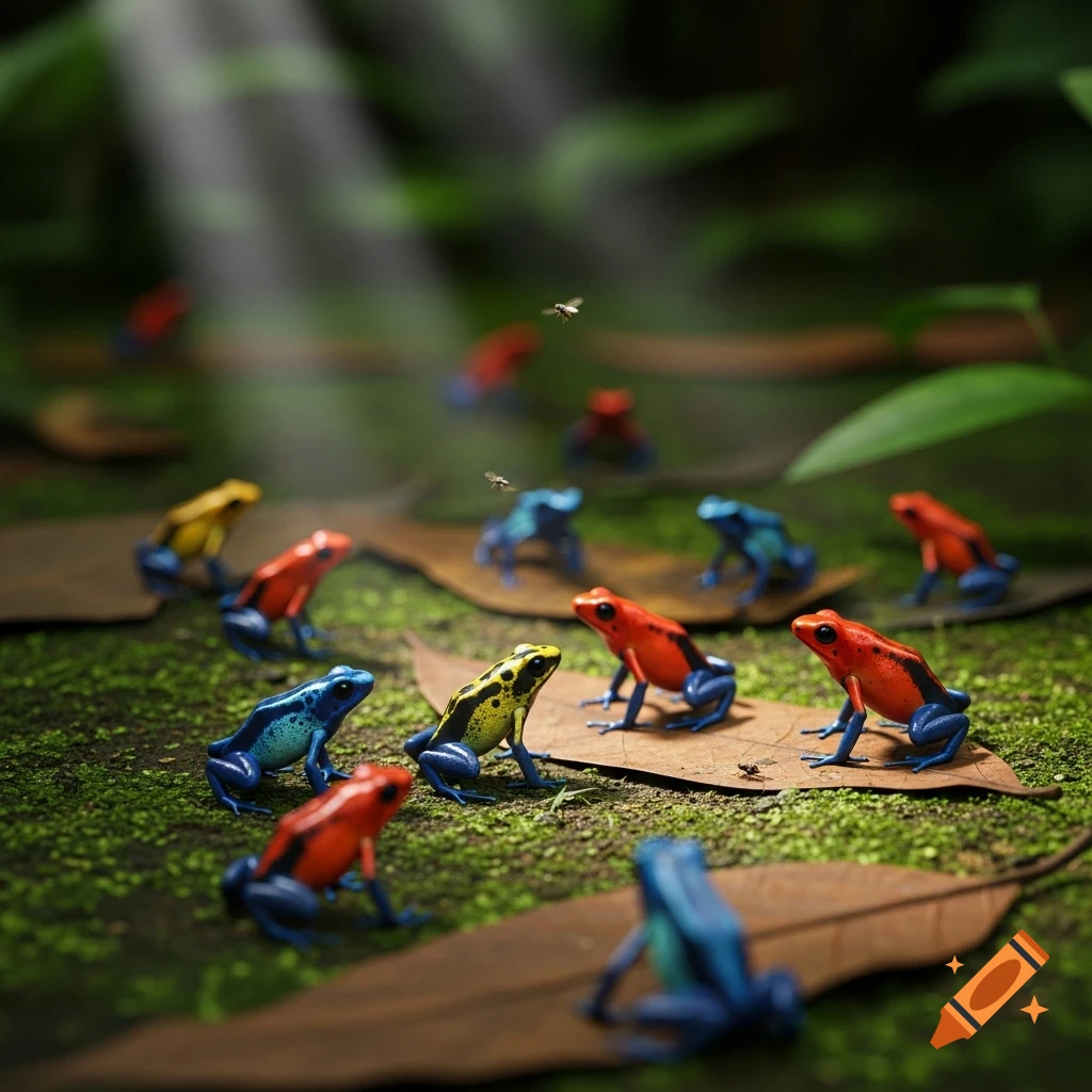 Many colorful poison dart frogs on a mossy rainforest floor with fallen leaves and small flies, illuminated by dappled sunlight.