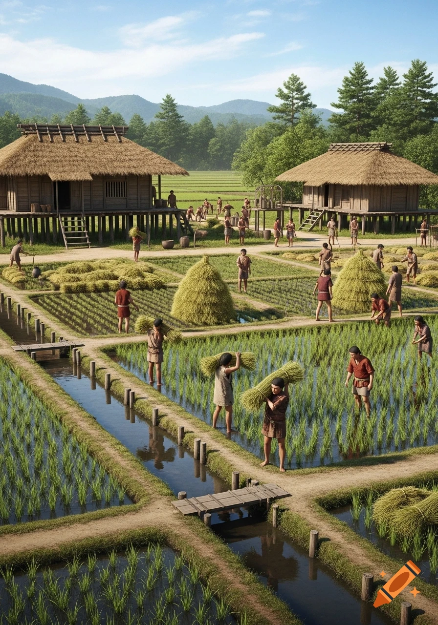 A photorealistic depiction of a Yayoi period Japanese village with people farming rice in paddies and stilted wooden houses.