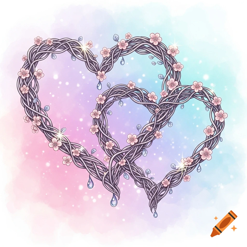 Two intertwined hearts made of branches with pink flowers and water droplets, on a pastel pink and blue watercolor background.