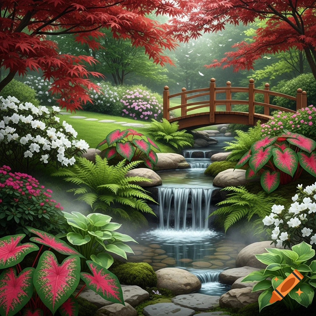 A vibrant Japanese garden with a cascading stream, wooden bridge, red maples, and lush plants under a misty sky.