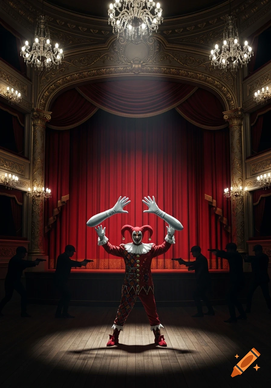 A jester in a red suit with floating gloved hands stands on a theater stage, surrounded by armed silhouettes.