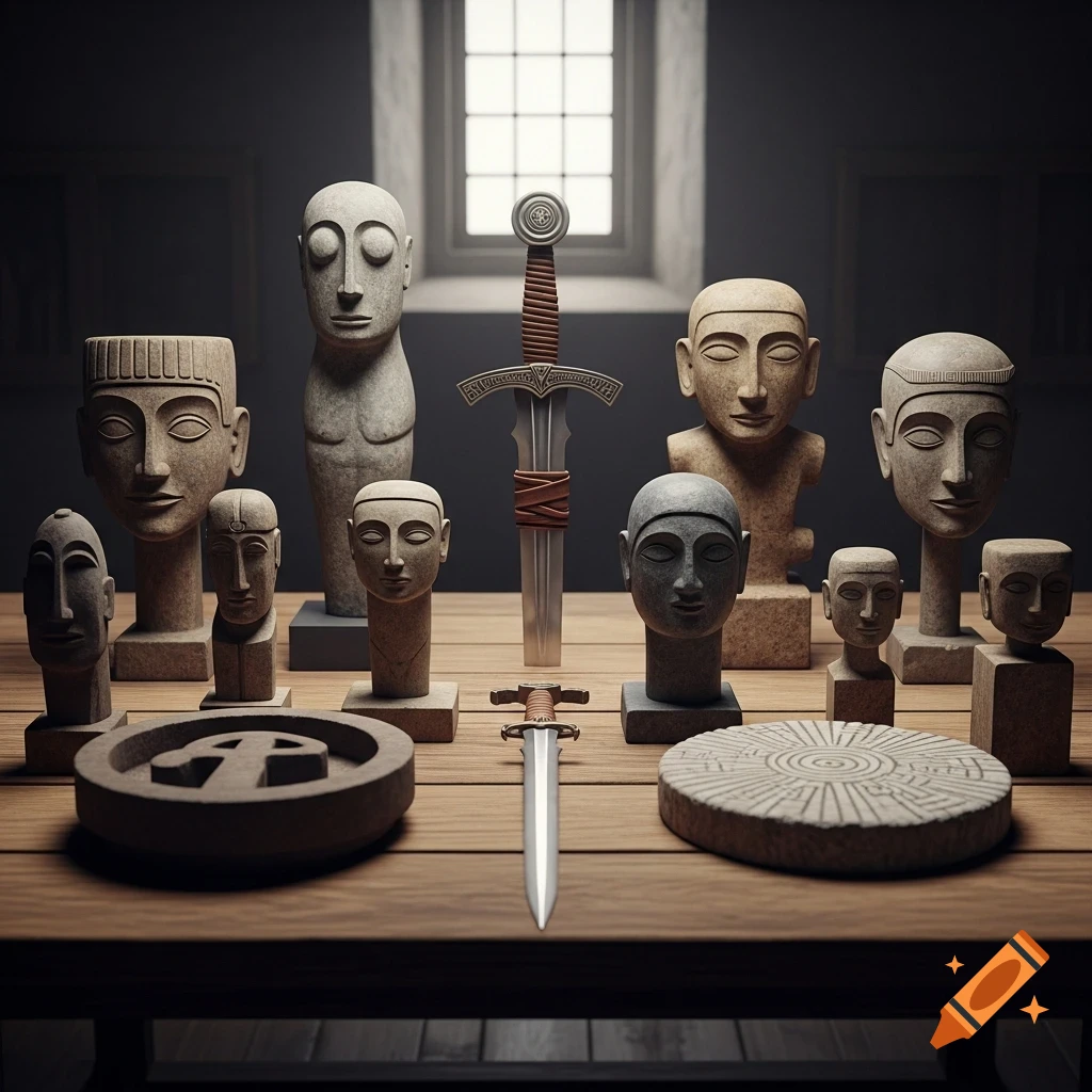 A collection of ancient-style stone busts and heads, along with two swords, arranged on a wooden table by a window.