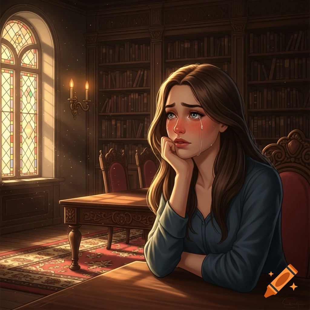An illustration of a sad woman crying, sitting at a table in a dimly lit library with a stained glass window.