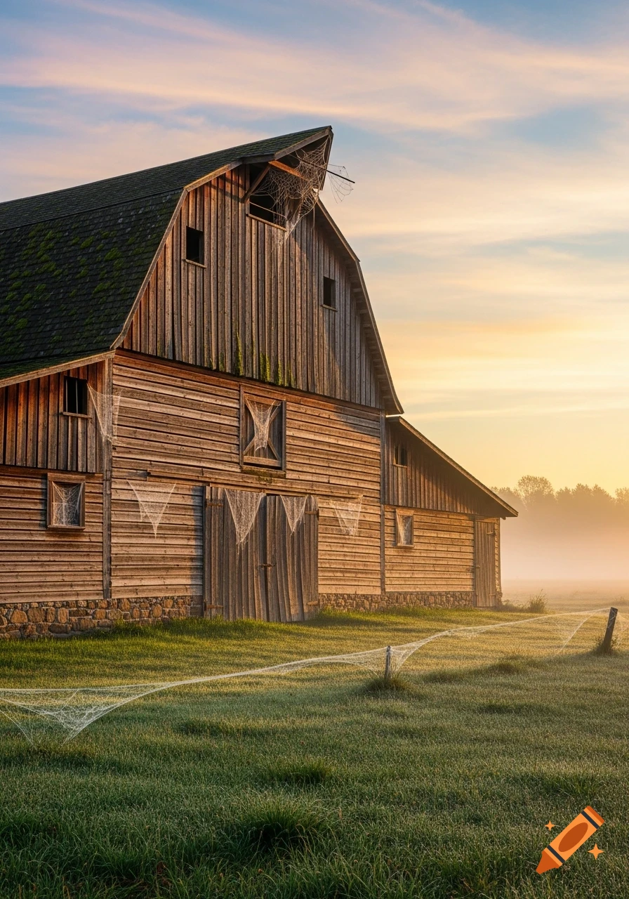 A rustic wooden barn in a misty field with spiderwebs, bathed in warm sunrise or sunset light.