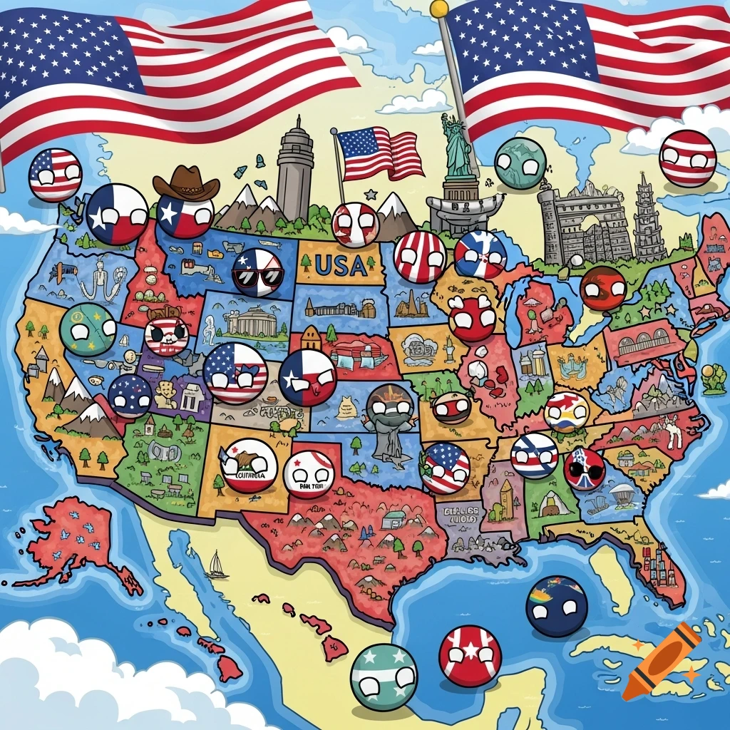 A cartoon map of the USA with each state represented by a different countryball, with various landmarks across the map and US flags waving above.