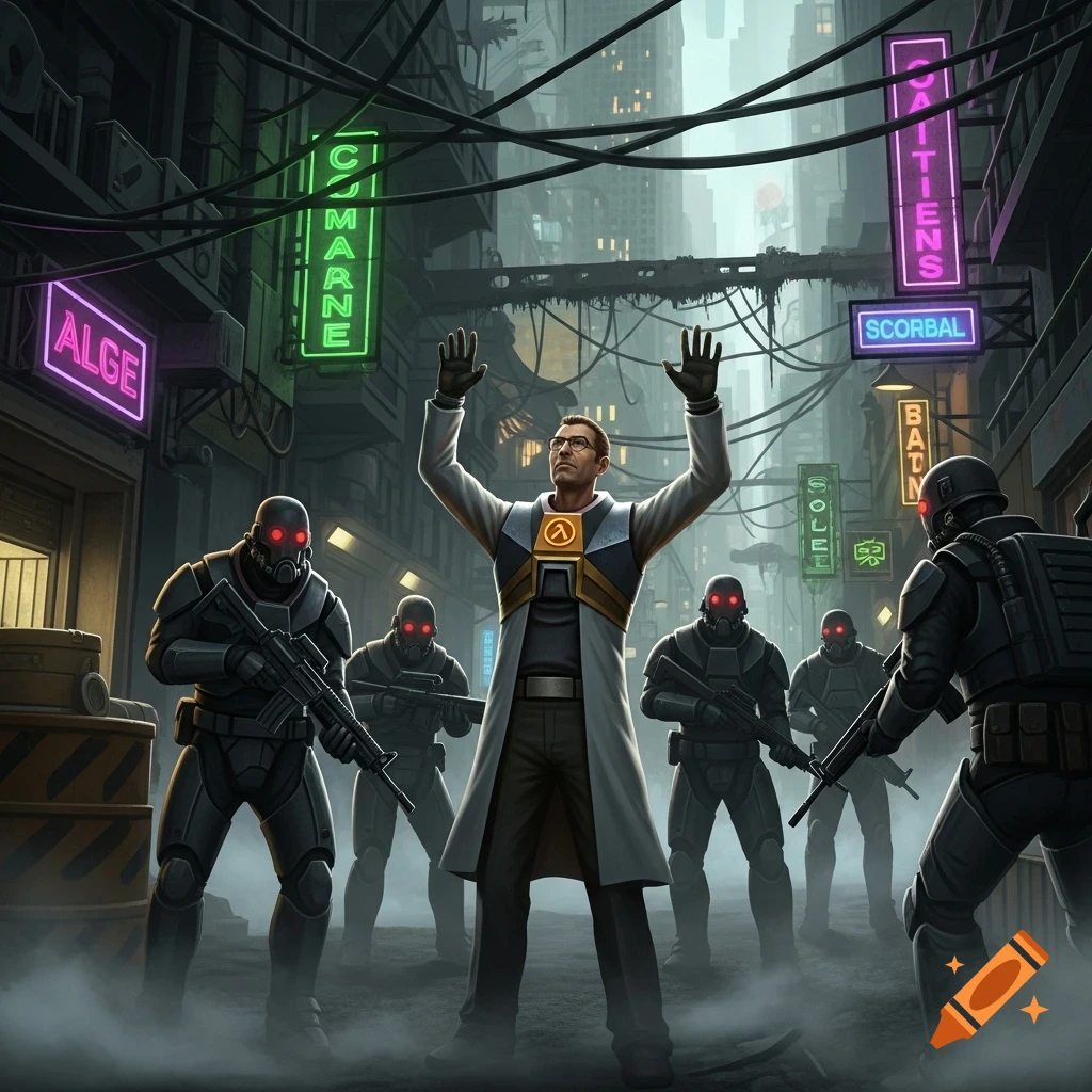 A scientist with glasses and a lab coat surrenders with hands raised to armed soldiers in a gritty, neon-lit sci-fi city street.