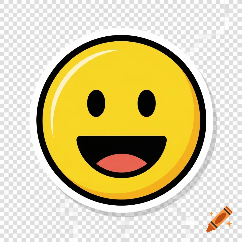 A happy yellow emoji face sticker with a wide smile, black outline, and a transparent background.
