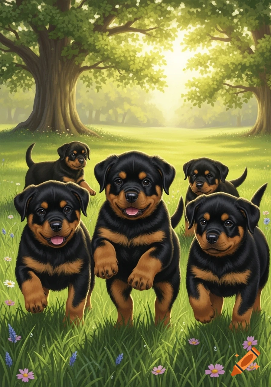 Several cute rottweiler puppies play in sunny green grass with trees and wildflowers in a bright, illustrative style.