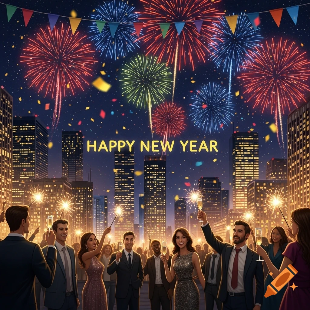 A vibrant New Year's celebration with fireworks bursting over a city skyline at night, as a diverse group of people toast with champagne and hold sparklers. Text says "HAPPY NEW YEAR".