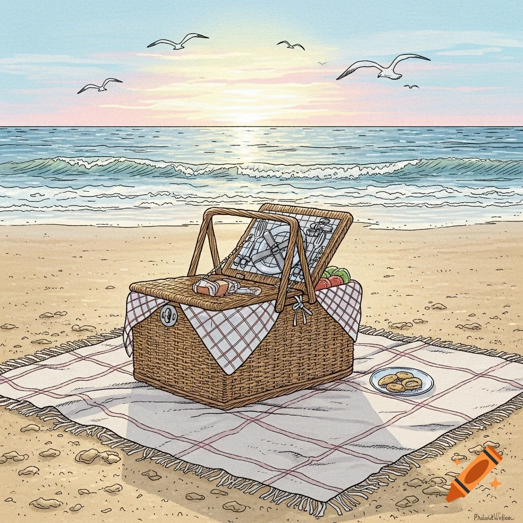 A drawn image of a picnic basket on a plaid blanket at a sandy beach with seagulls flying over the ocean at sunset.