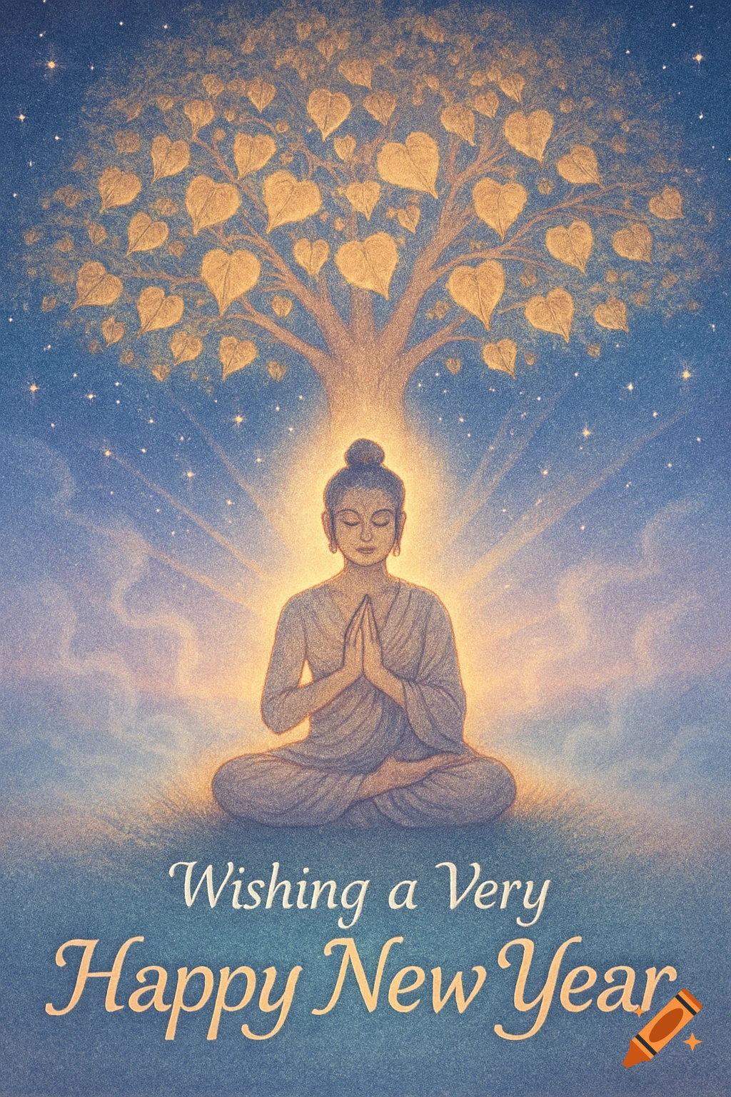 A Buddha meditates under a golden-leafed tree against a starry blue sky. Text reads: "Wishing a Very Happy New Year."