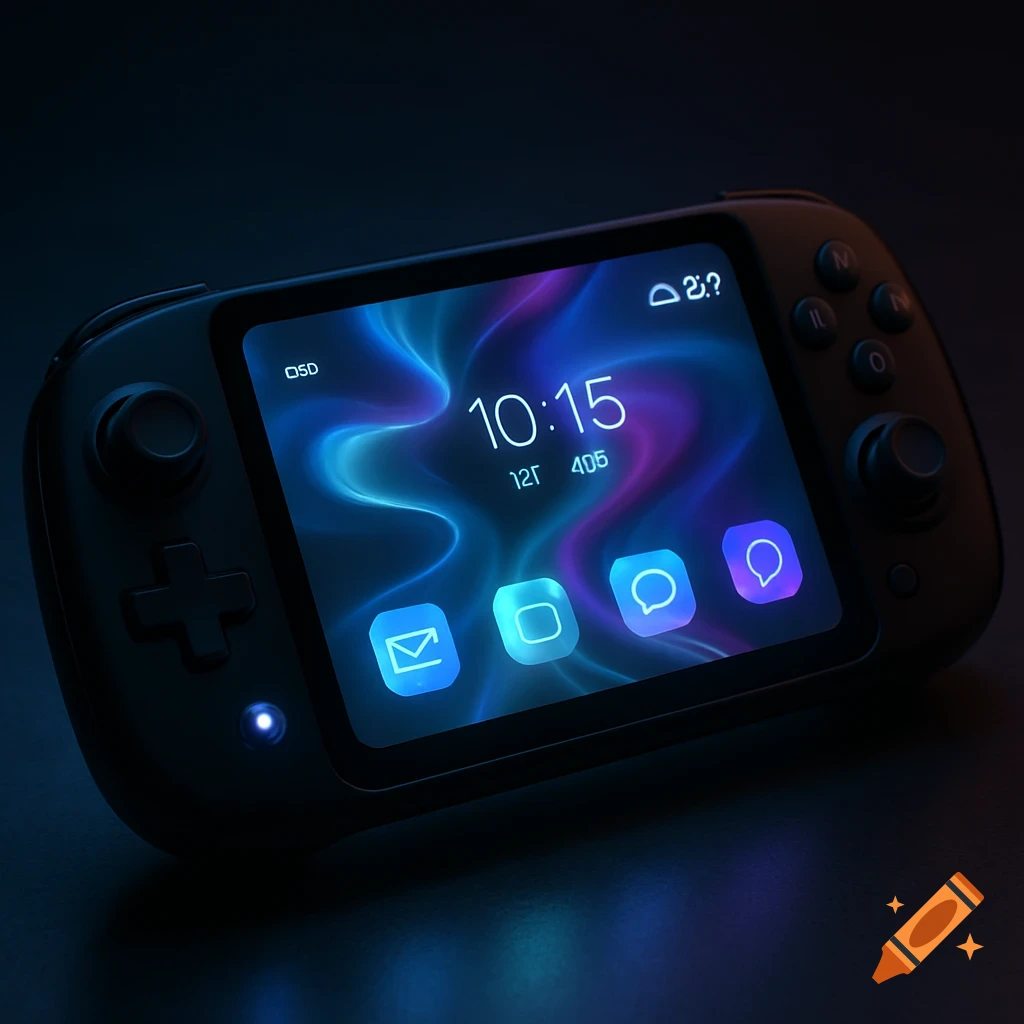 A dark, glowing handheld console showing a vibrant blue and purple user interface with time, status, and app icons.