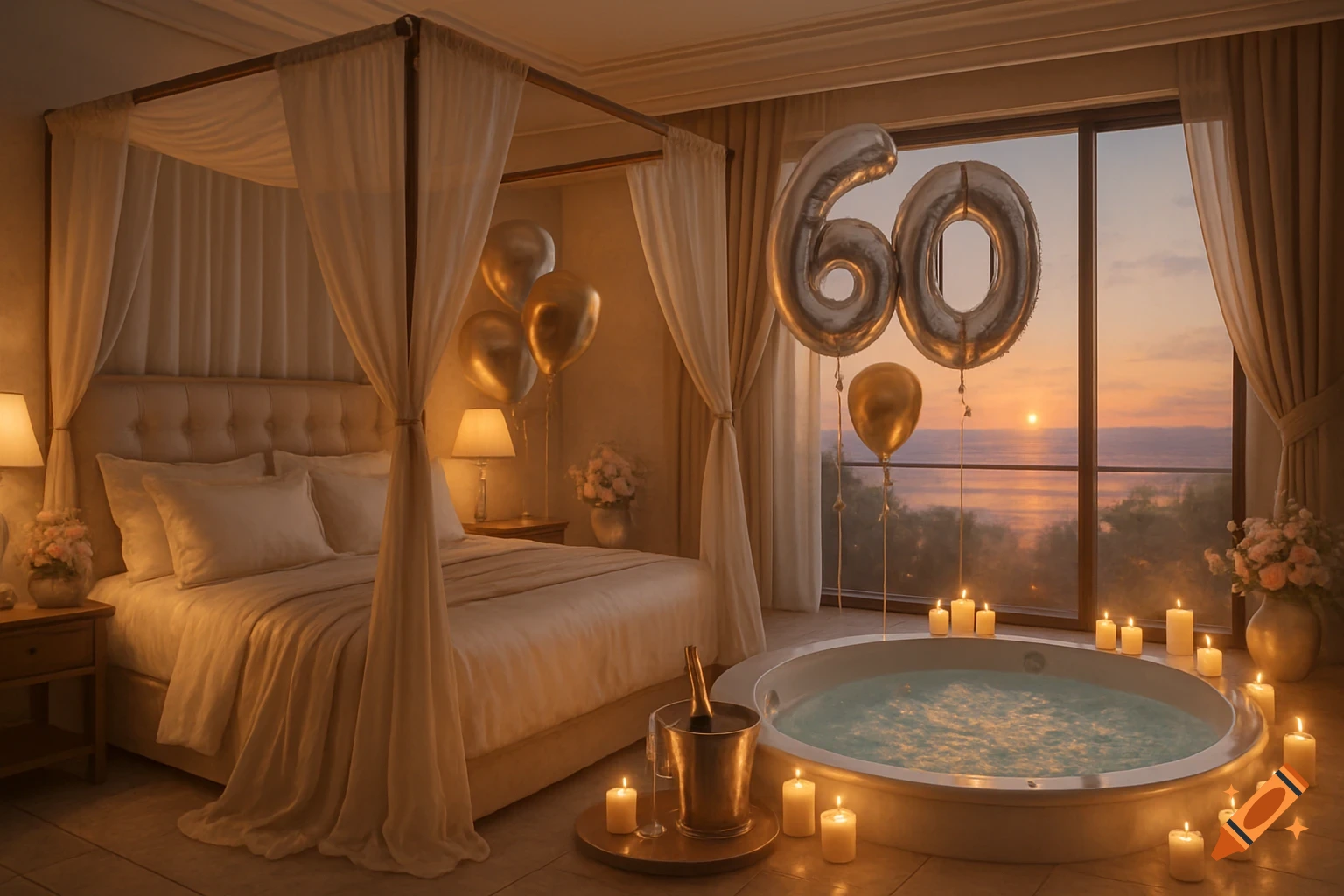 Luxurious hotel room with a four-poster bed, candle-lit jacuzzi, champagne, and '60' balloons at sunset with an ocean view.
