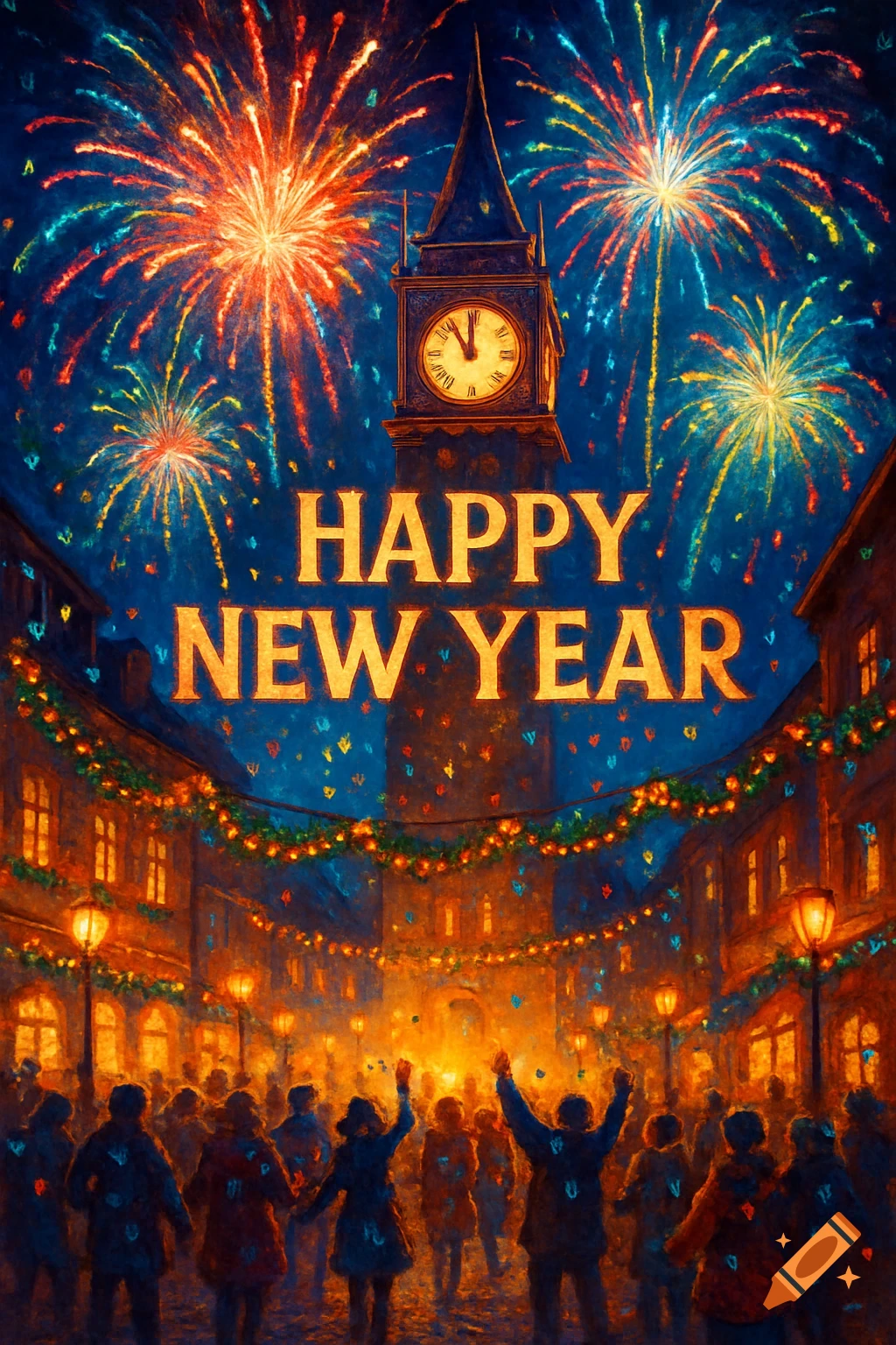 Vibrant painterly New Year's Eve celebration with fireworks over a clock tower and a festive crowd in a city street, text reads 'HAPPY NEW YEAR'.