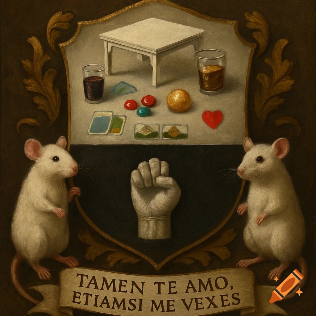 A detailed oil painting of a heraldic coat of arms flanked by two white mice, featuring board game elements and Latin text.