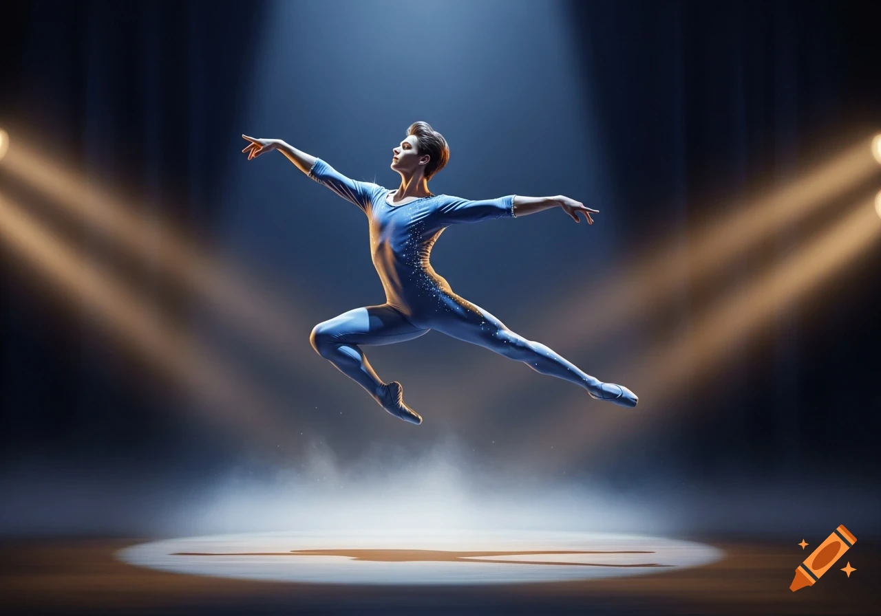 A male ballet dancer in a blue leotard leaps gracefully in a spotlight on a dark stage, with bright stage lights in the background.