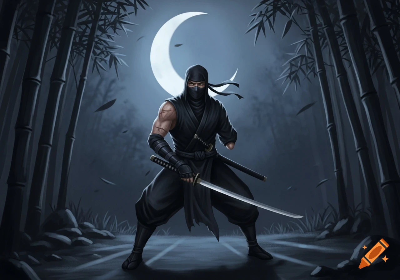 A masked, one-armed shinobi stands ready with a katana in a moonlit bamboo forest, in a stylized illustration.
