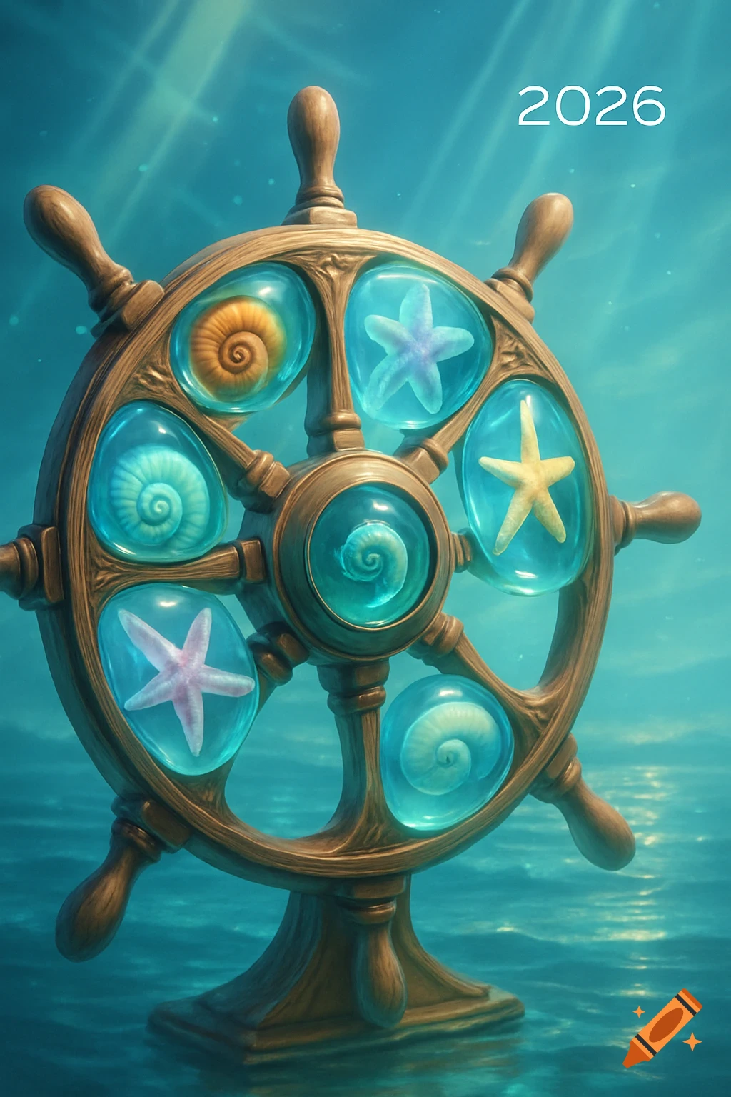 A wooden ship's wheel with portholes containing seashells and starfish, floating underwater. The year 2026 is in the corner.
