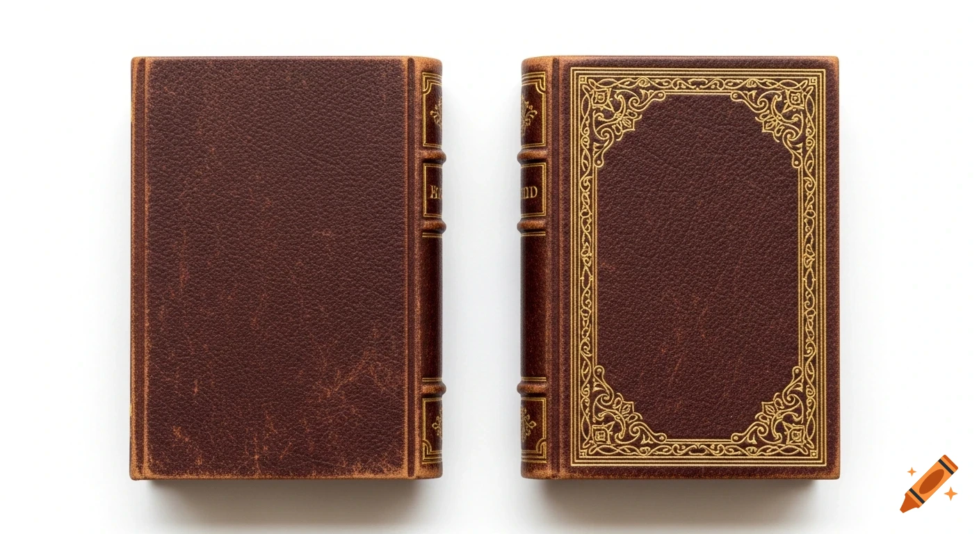 Two antique brown leather hardcover books with gold details on a white background.