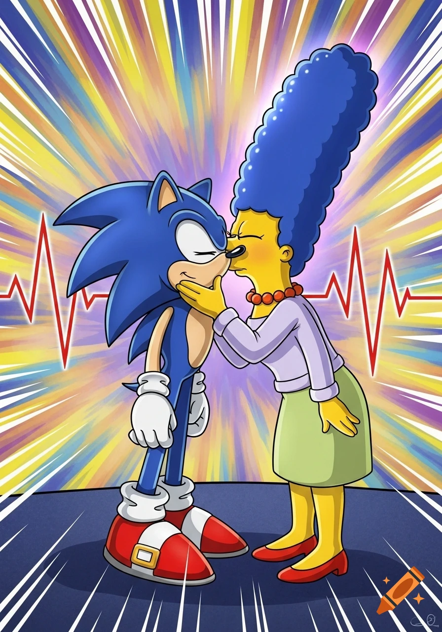 Cartoon of Sonic the Hedgehog and Marge Simpson kissing, with a vibrant, radiating background and a red heartbeat line.