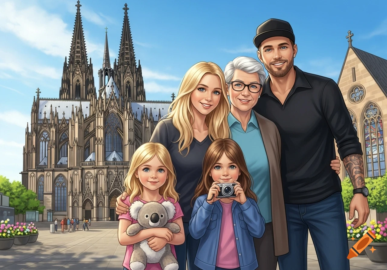 An illustrated family of six, including two young girls, a blonde woman, an older woman with glasses, and a man in a cap, pose in front of the Cologne Cathedral.