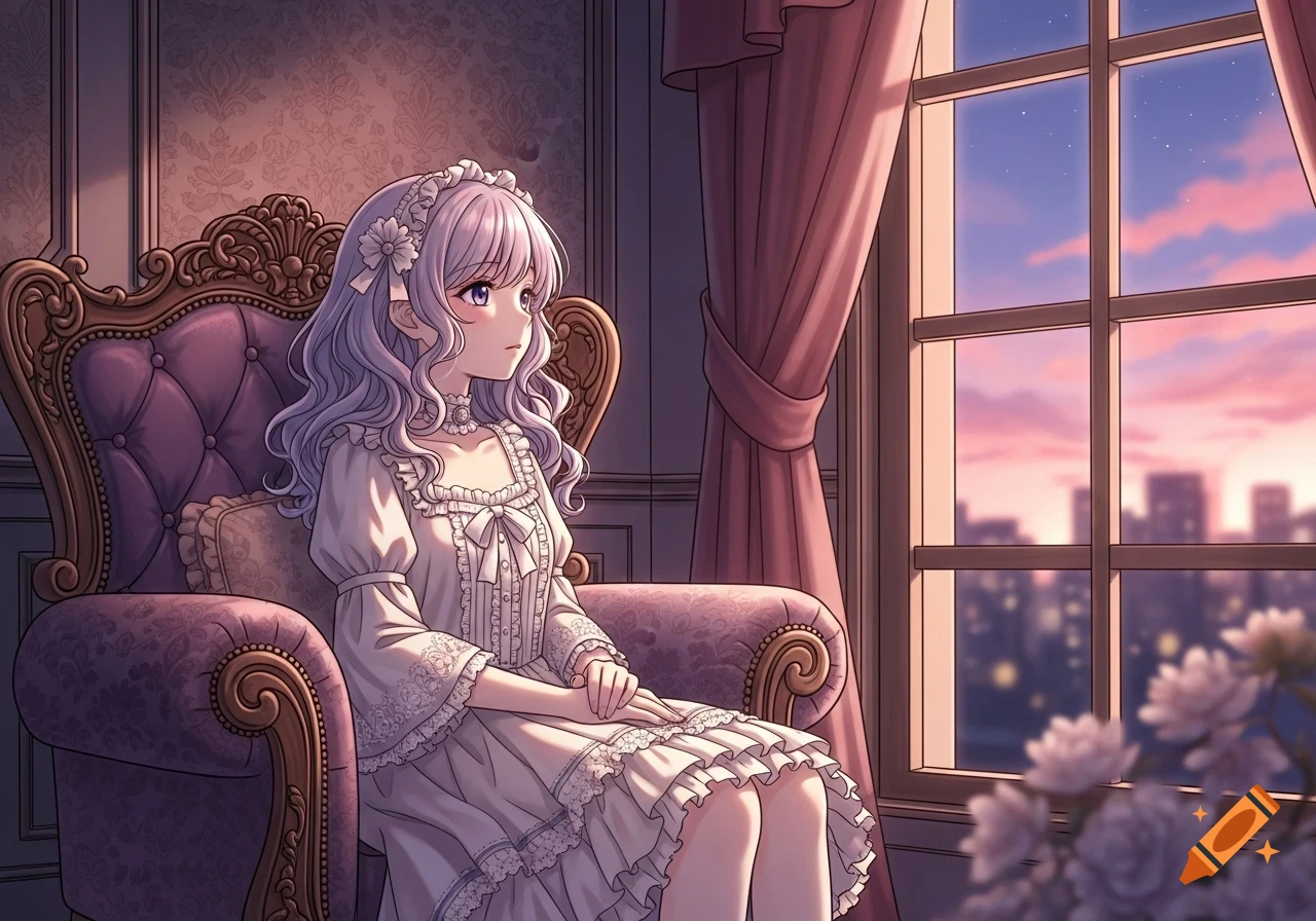 An anime girl with lavender hair in a frilly white dress sits in an ornate purple armchair, looking out a window at a pink and blue sunset city skyline.