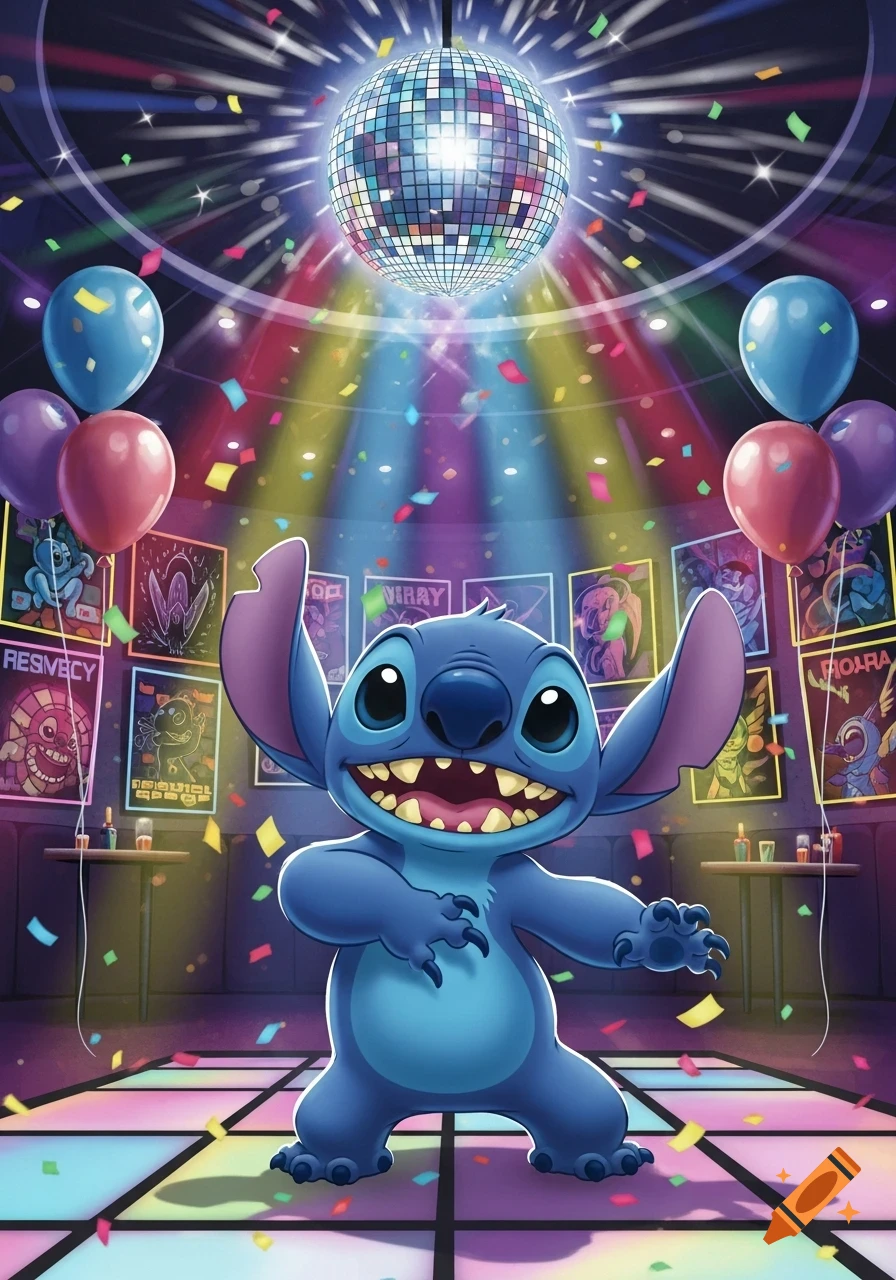 Stitch dances excitedly under a shimmering disco ball, surrounded by colorful confetti, balloons, and posters at a vibrant party.