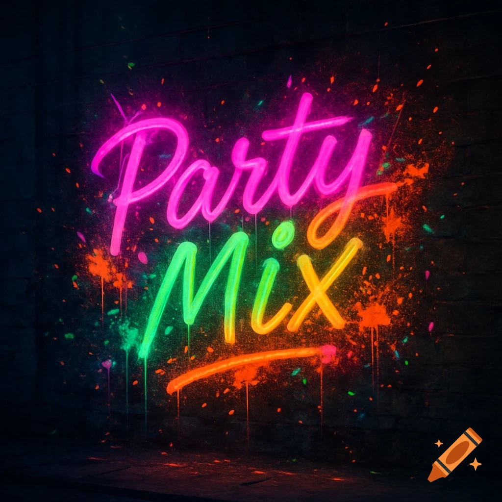 Neon pink and green sign spelling "Party Mix" against a dark industrial wall with colorful paint splatters.