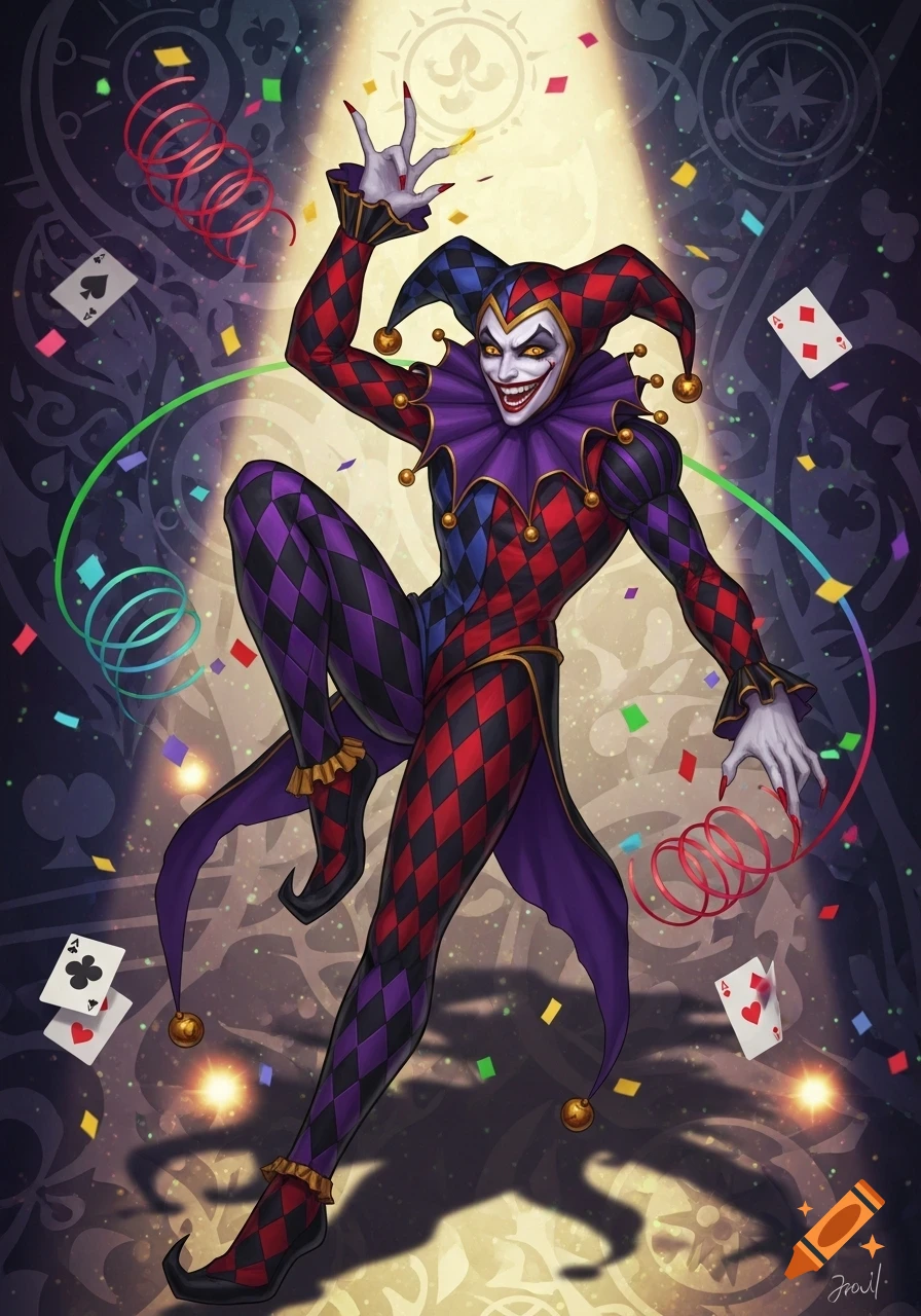 A menacing jester with a wide grin, dressed in red and purple harlequin attire, strikes a pose amidst falling confetti and playing cards.