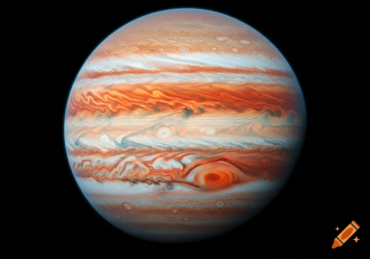 An ultra-realistic 3D render of the planet Jupiter, showing its swirling orange and white bands and the Great Red Spot.