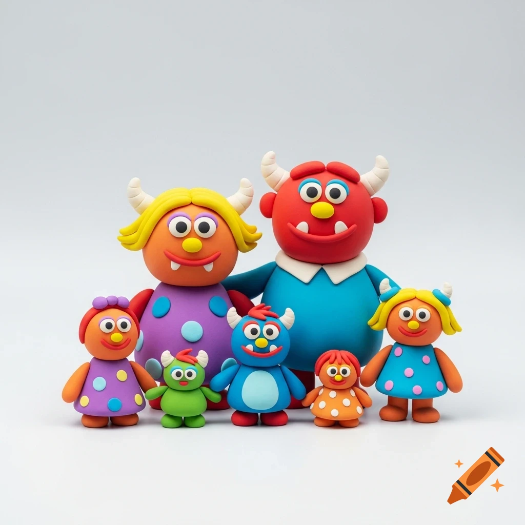 A cute, colorful plasticine monster family with parents and four children on a plain light background, in a stop-motion clay style.