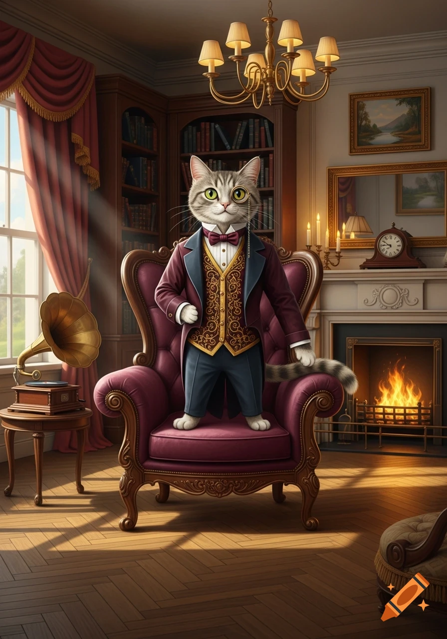 A dapper grey tabby cat in a maroon suit and monocle stands on a plush red armchair in a grand Victorian study.