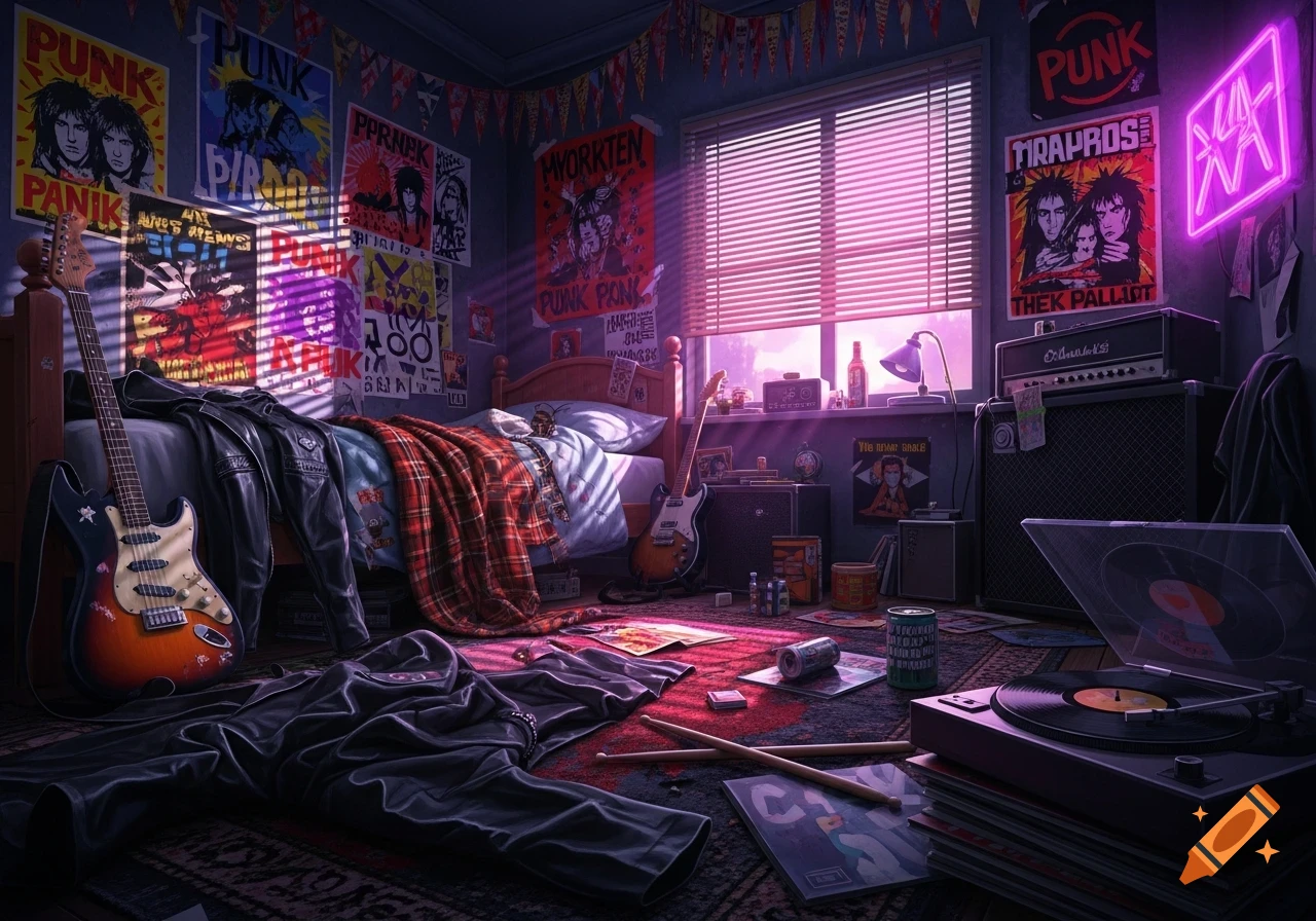 A messy punk teenager's 80s bedroom with posters, an electric guitar, record player, amplifier, and clothes strewn about, illuminated by pink light.