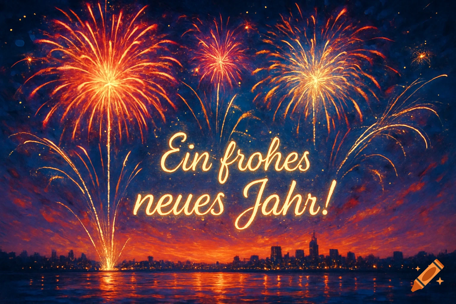 Fireworks explode over a city skyline at dusk, reflecting on water, with the German text 'Ein frohes neues Jahr!'