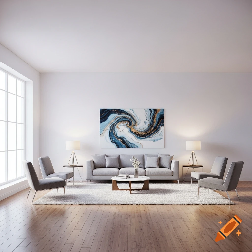 A modern living room with a gray sofa, two armchairs, a white rug, and a large abstract painting on the wall.