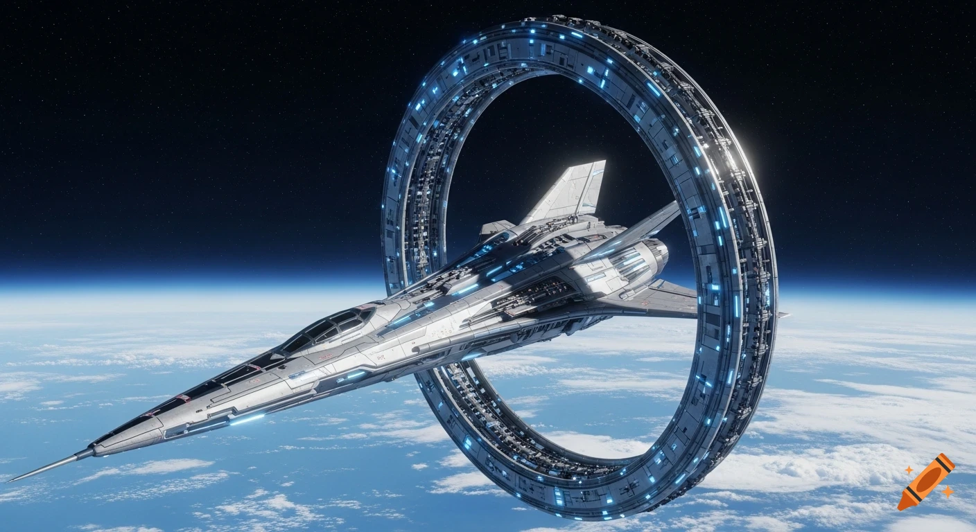 A sleek, silver, dart-like spaceship with blue glowing accents flies near a large, separate, glowing blue metal ring in orbit above Earth.