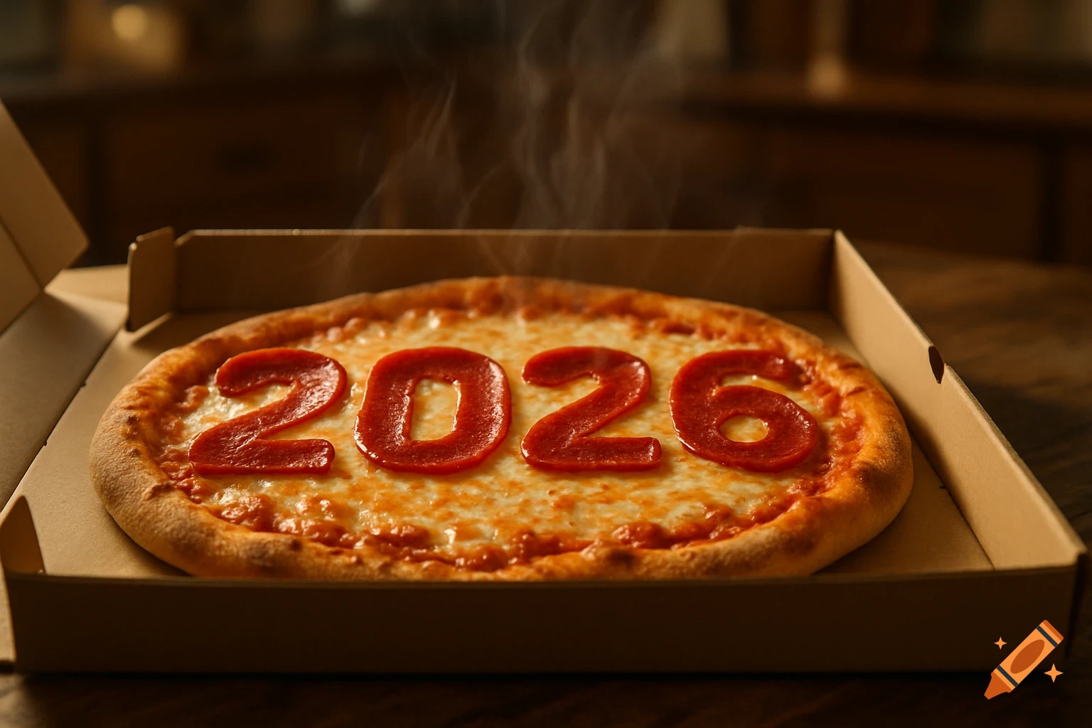 A steaming hot pizza in a cardboard box with pepperoni slices arranged to form the numbers '2026' on top of melted cheese.