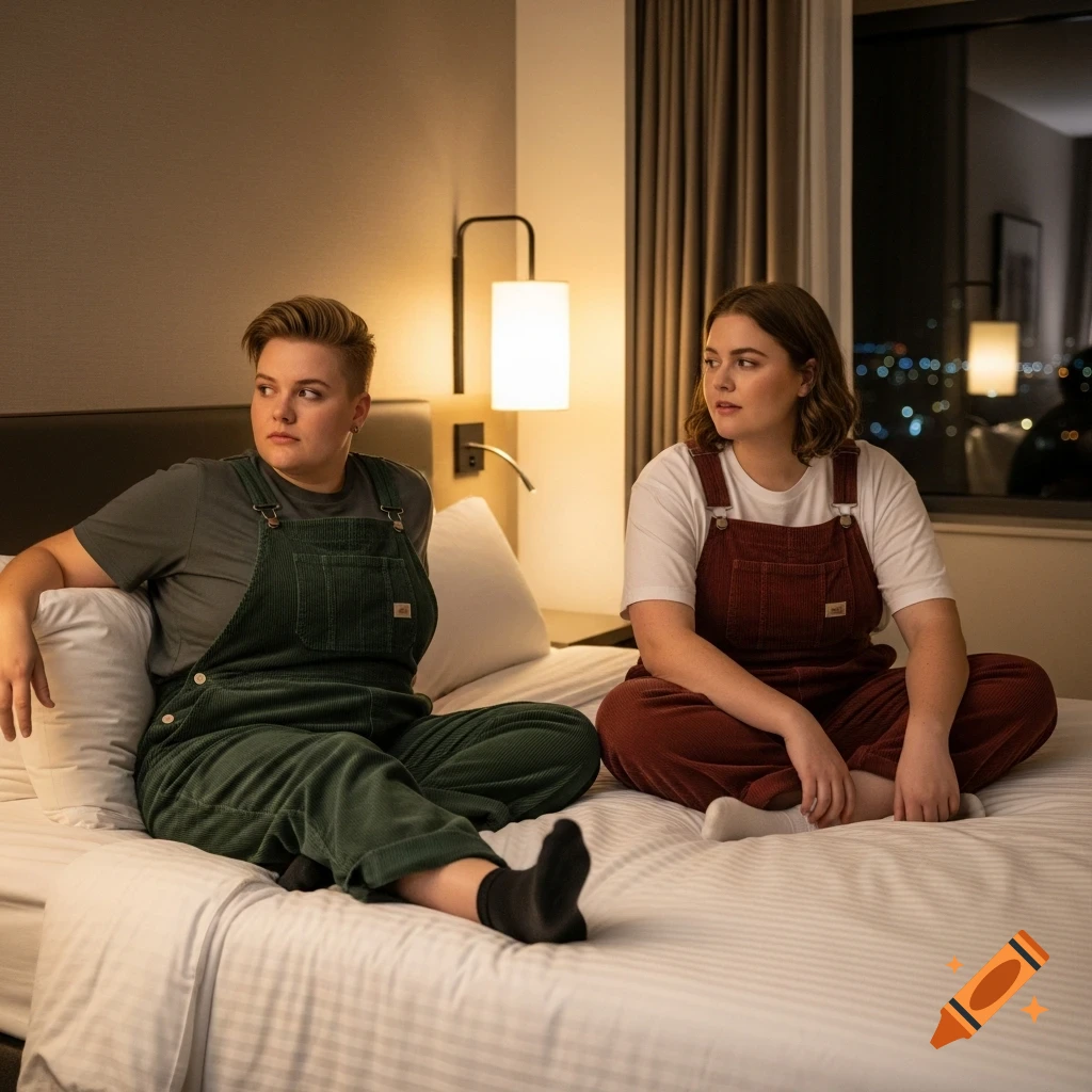 Two people wearing corduroy overalls and t-shirts sit on a bed in a hotel room.