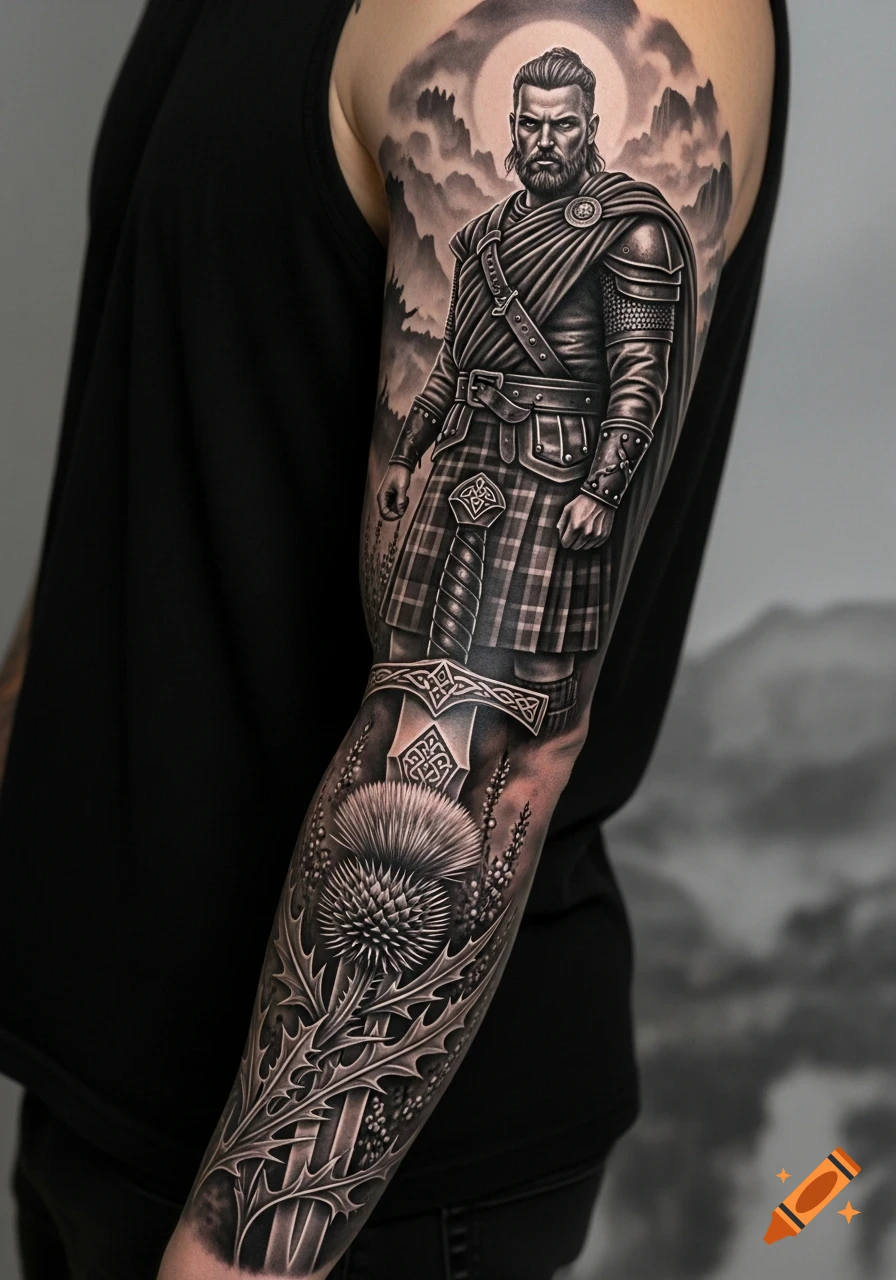 Black and grey realism arm tattoo of a Scottish warrior in a kilt holding a sword, with a thistle below.