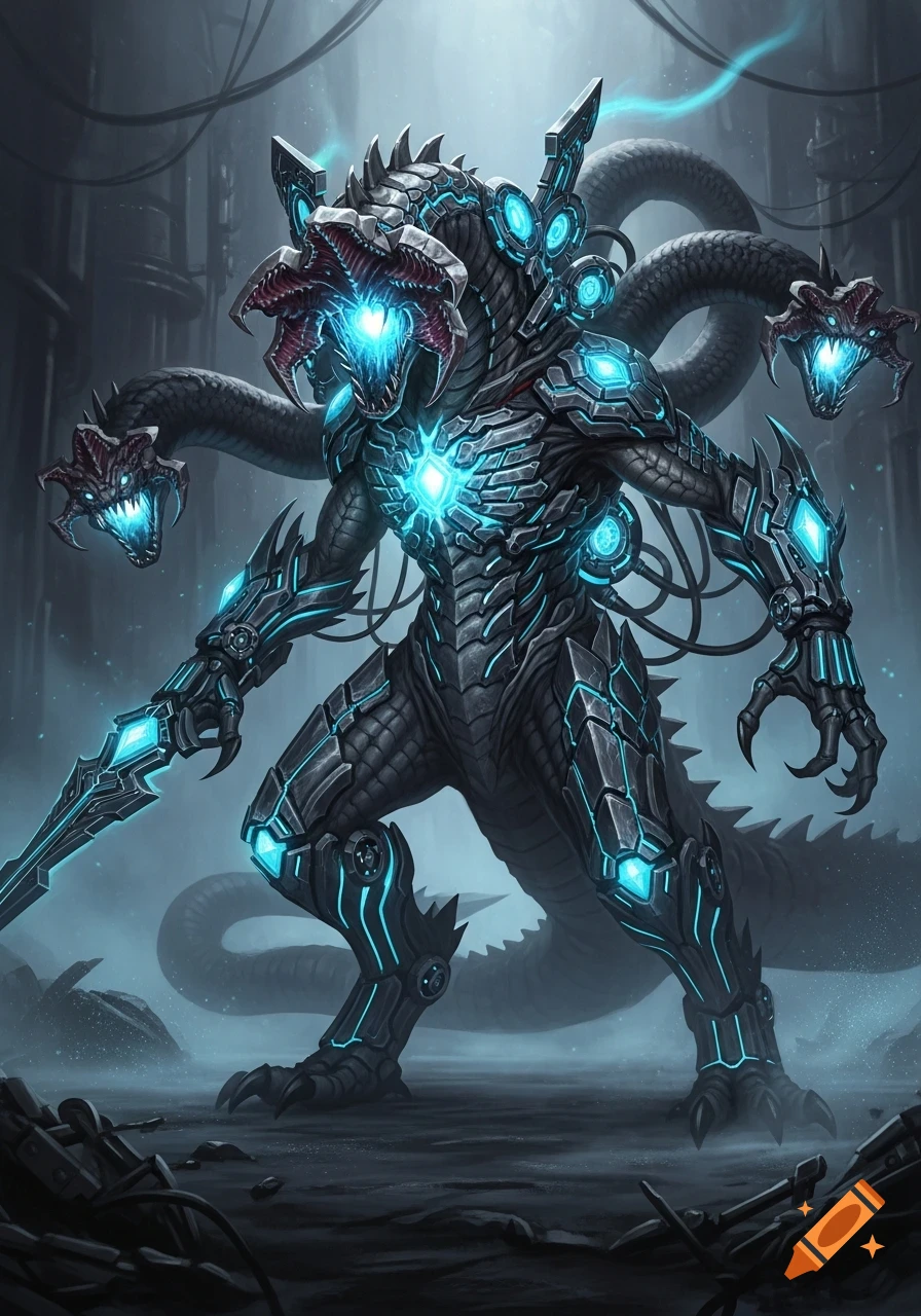 A dark, menacing creature with reptilian skin, multiple snake-like heads, and glowing blue hextech armor, holding a sword in a dystopian setting.