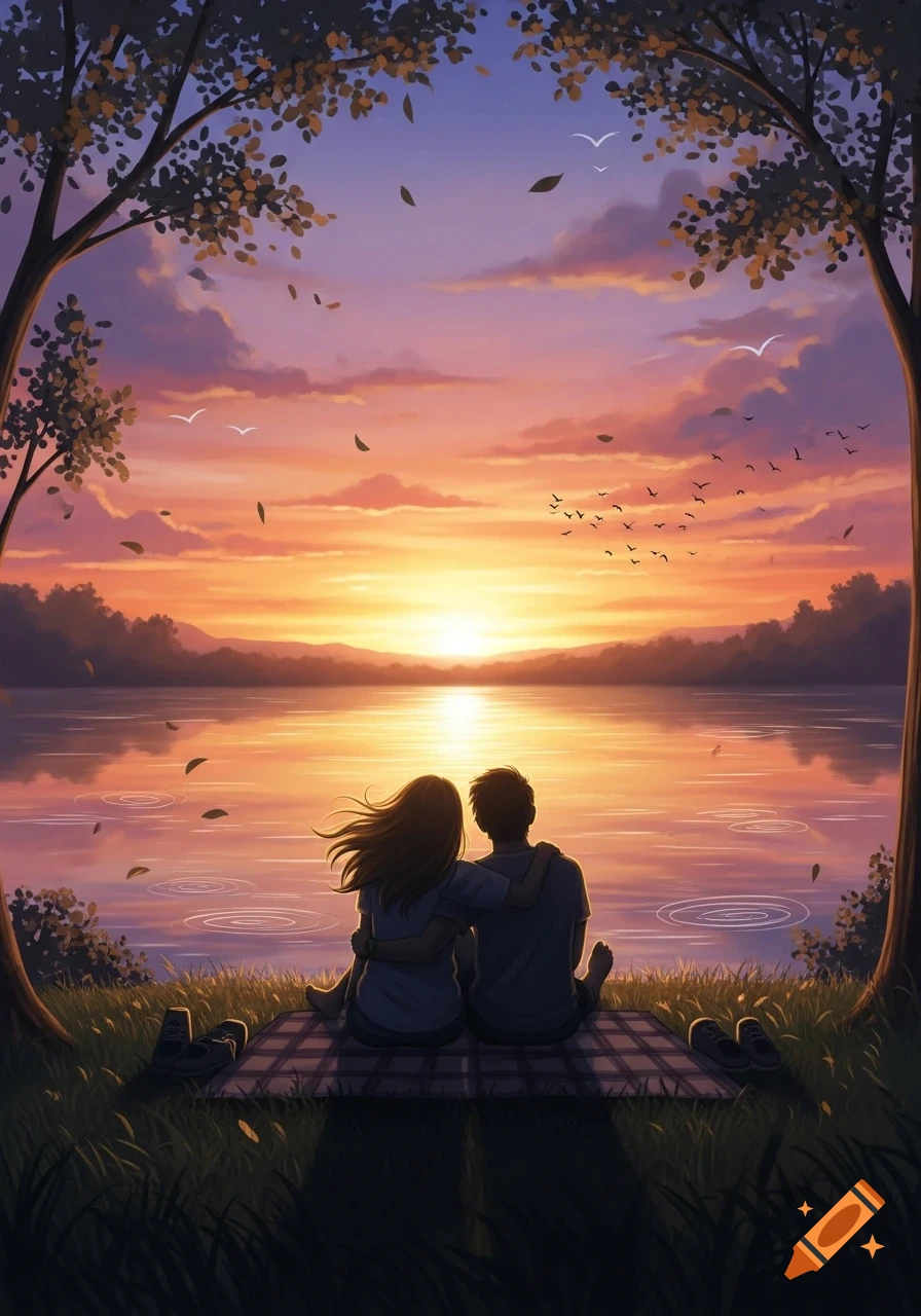 An illustrated couple sits by a lake, framed by trees, watching a vibrant orange and purple sunset reflect on the water.