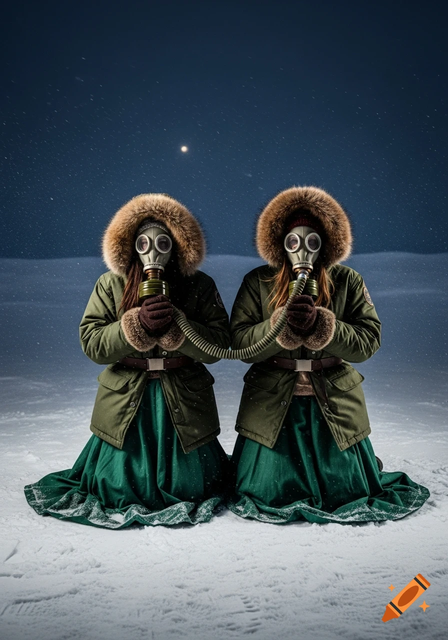 Two women in dark green parkas with fur-trimmed hoods and gas masks kneel in the snow, connected by a hose.
