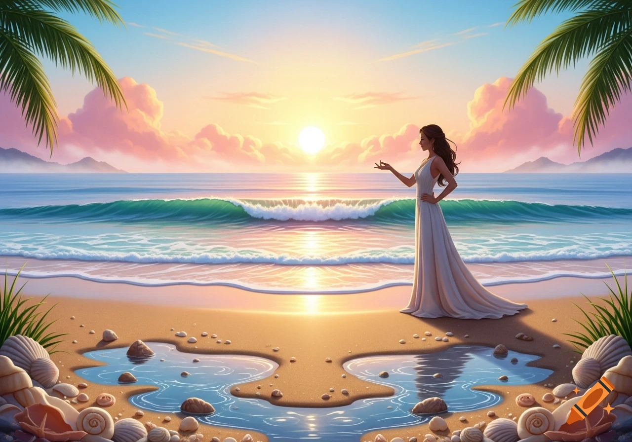 A woman in a white dress stands on a tropical beach at sunset, with palm leaves, gentle waves, and seashells on the sand.